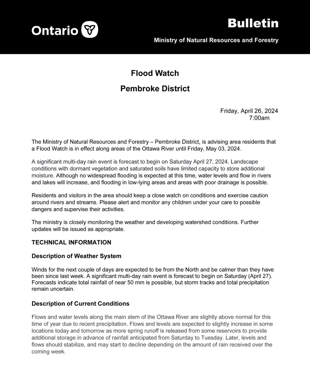 RenfrewCounty's tweet photo. Please be advised, the Ministry of Natural Resources and Forestry – Pembroke District has issued a FLOOD WATCH for areas along the Ottawa River, which will remain in effect until Friday, May 3.
See Bulletin below.
#FloodWatch
#OttawaRiver
#SpringFreshet
#RenfrewCounty https://t.co/lfOu9gJPDM