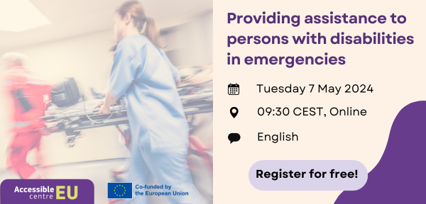 Upcoming workshop alert! On 7 May, at 09:30 CEST, AccessibleEU is co-hosting an online workshop on assisting persons with disabilities in emergencies. Come exchange knowledge, best practices, and more. Register here👉ec.europa.eu/eusurvey/runne…