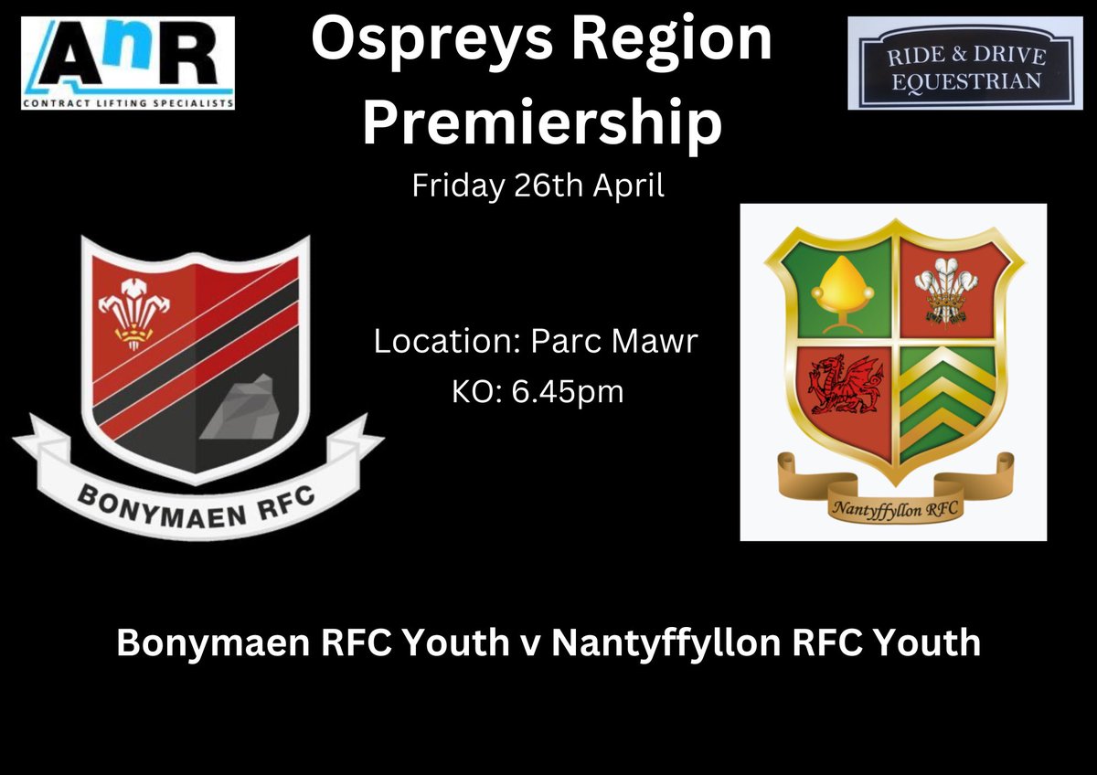 🔴⚫️Friday 26th of April🔴⚫️

This evening we welcome <a href="/NantyffyllonRFC/">NantyffyllonRFC</a> youth for our last game of the season🏉

Join us up top for a bit of grass-roots rugby and stay for a drink or two to celebrate the end of the season🔴⚫️

Kick off - 6:45pm

🔴⚫️🔴⚫️