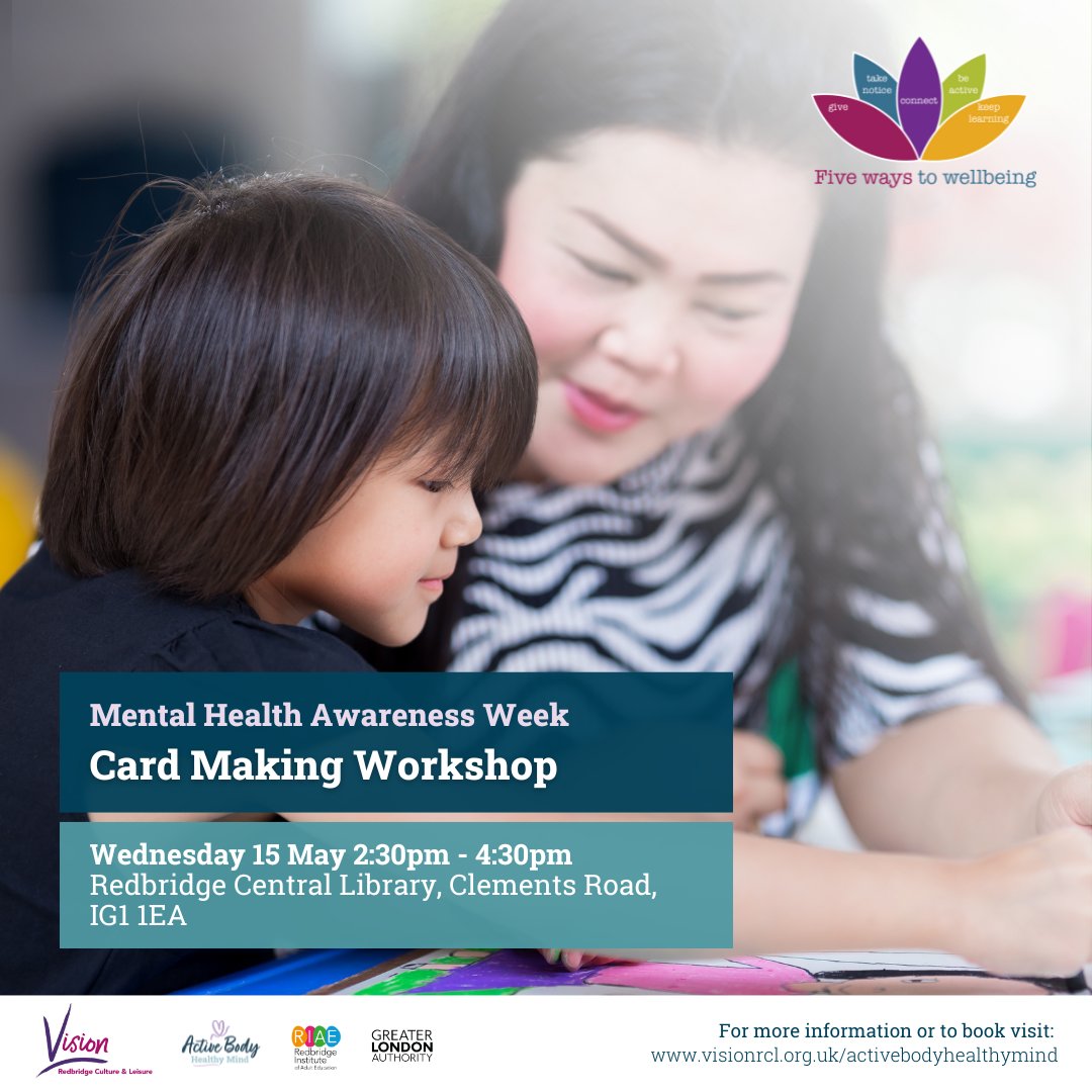 Would you like to find a way to de-stress and relax whilst being creative? Then join us for our Cardmaking Workshop on Wednesday 15 May as part of #MentalHealthAwarenessWeek for Adults 16+ and families. 🎨Book your place: vrcl.uk/ABHM