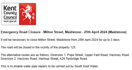 Maidstone, Milton Street: Closed until 27th April to allow for works by @sewateruk : moorl.uk/?1z6ncx