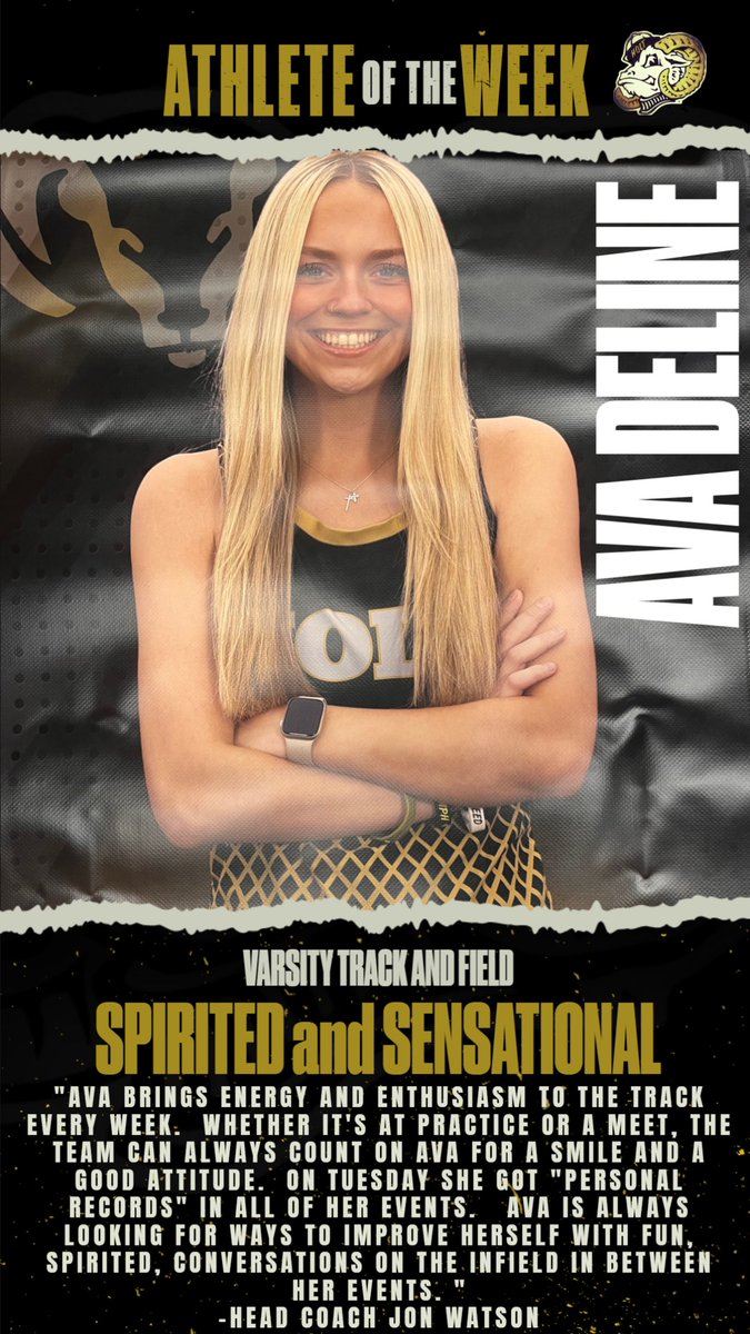 AVA DELINE IS THE VARSITY TRACK AND FIELD ATHLETE OF THE WEEK. CONGRATS AVA!