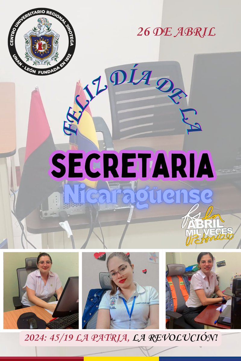 El 26 de abril se celebra el Día de la Secretaria nicaragüense, en homenaje a todas las mujeres que día a día dan lo mejor de sí en sus trabajos. #45/19LaPatriaLaRevolucion
#MásVictoriasMásBienestar
#UNANLeón
#JinotegaEnVictorias