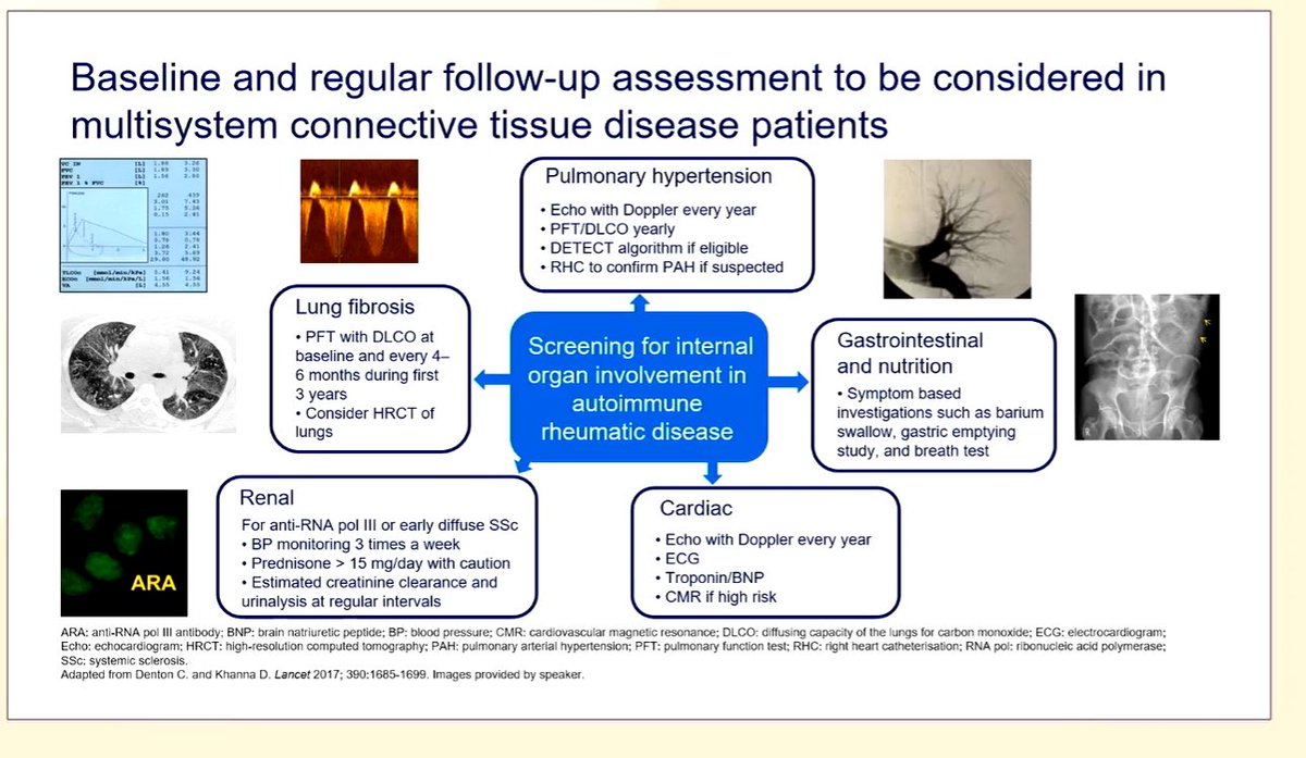 Baseline and regular follow up investigations to be considered in your patient with #systemicsclerosis 

[Talk by Professor Denton #BSR24 ] 

#Rheumatology #Scleroderma #MedTwitter