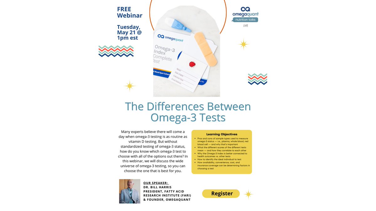 Join us May 21st @ 1pm est for our next Nutrition Talks, where Dr. Bill Harris of @FARIomega3 will discuss the Differences Between Omega-3 Tests. Sign up here for this FREE webinar webinar: ow.ly/jSFo50RoX47