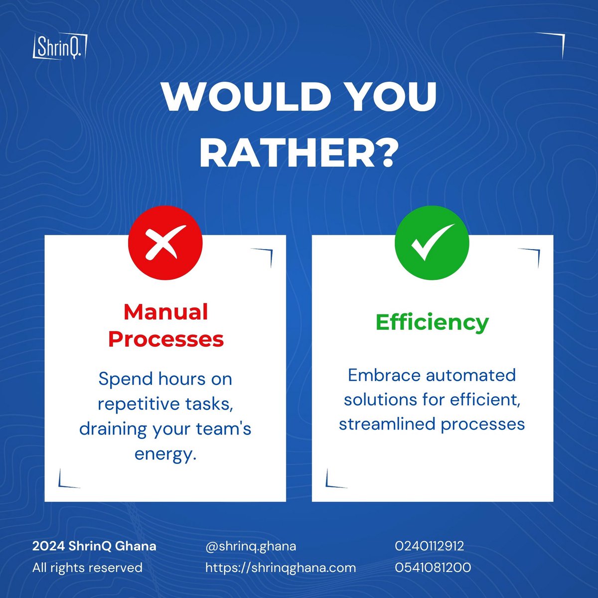shrinqghana's tweet image. Would you rather spend your time on manual processes or let efficiency take the wheel with automation? The choice is yours!
Contact us today and enjoy automated solutions. 

Comment below with your pick.
#TechSolutions #AutomationVsManual #softwaredevelopment #Automatedsolutions