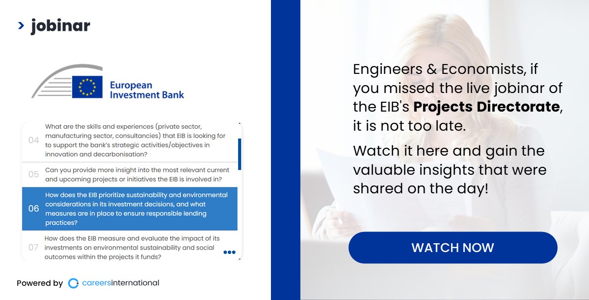 Did you miss the live conversation with the Engineers & Economists from the @EIB's Projects Directorate? The replay is now available for you to watch! View it here eiblux31.jobinar.com/# #engineers #economists #innovation #decarbonisation #sustainability #greenenergy