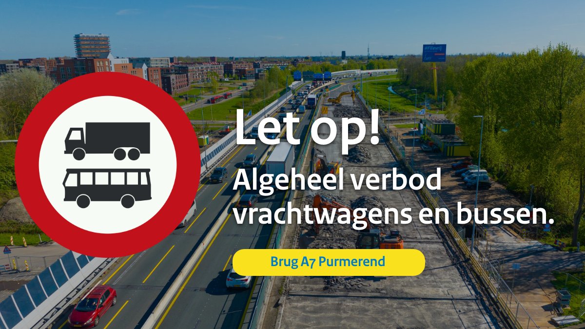 Vanaf maandagochtend 29 april geldt op de brug in de #A7 bij #Purmerend een algeheel verbod voor vrachtwagens en bussen 🚧 Het verbod is nodig om de veiligheid van de brug en het personeel dat aan de brug werkt te waarborgen 👷‍♀️ Meer info 👉 rws.nl/a7purmerend.