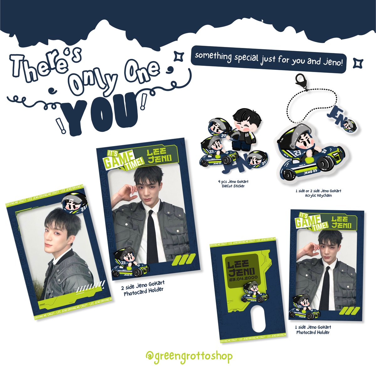 ~ DETAIL MERCH ~ 

~Jeno Gokart 🐶💙
-4 ea Diecut Sticker
-1 ea Acrylic Keychain 
-1 ea Photocard Holder
-1 out of 2 Fanmade Photocard (Free)