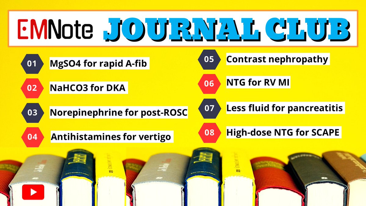 EM Literature youtu.be/XXR5M5fd4W8&li… - MgS04 for rapid A-fib - NaHC03 for DRA - Norepinephrine for post-ROSC - Antihistamines for vertigo - Contrast nephropathy - NTG for RV MI - Less fluid for pancreatitis - High-dose NTG for SCAPE