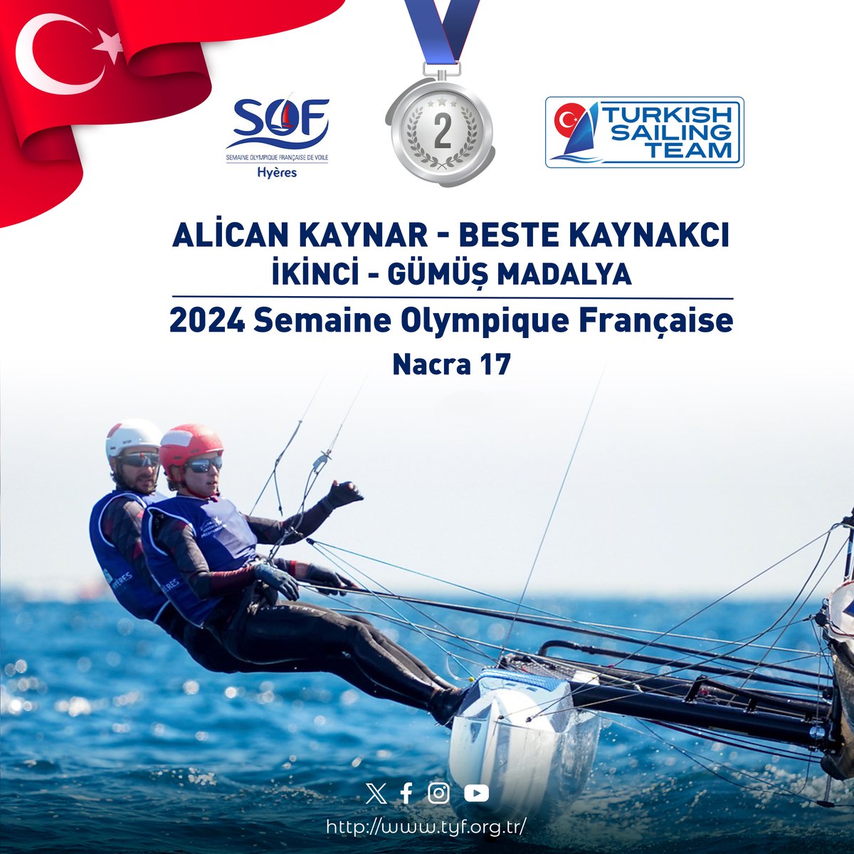 SOF Hyeres Regatta yarışı sonrası yarışları ilk 10’da tamamlayarak kaldıkları Madalya Yarışı’nda Milli Sporcularımız Alican Kaynar ile Beste Kaynakcı (Fenerbahçe Doğuş Yelken Spor Kulübü) Nacra 17 kategorisinde ikinci olarak yarışı tamamlayarak gümüş madalya kazandılar. 🇹🇷🥈👏🏻🙌🏻