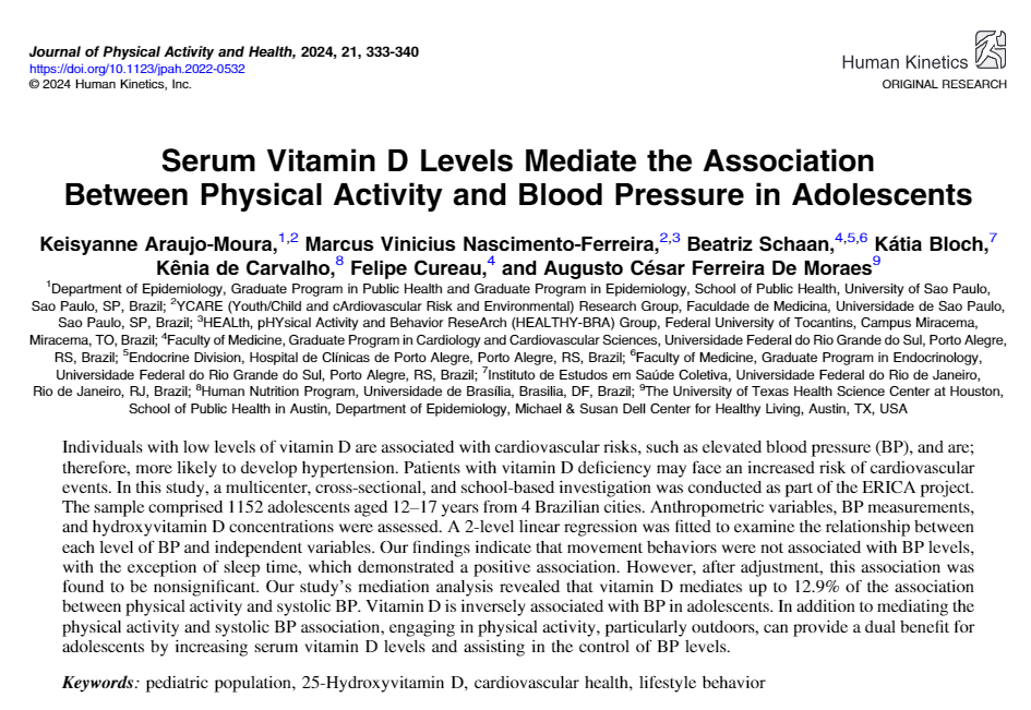 Read the latest research from @JPAHjournal! Serum Vitamin D Levels Mediate the Association Between Physical Activity and Blood Pressure in Adolescents doi.org/10.1123/jpah.2… #exercisescience