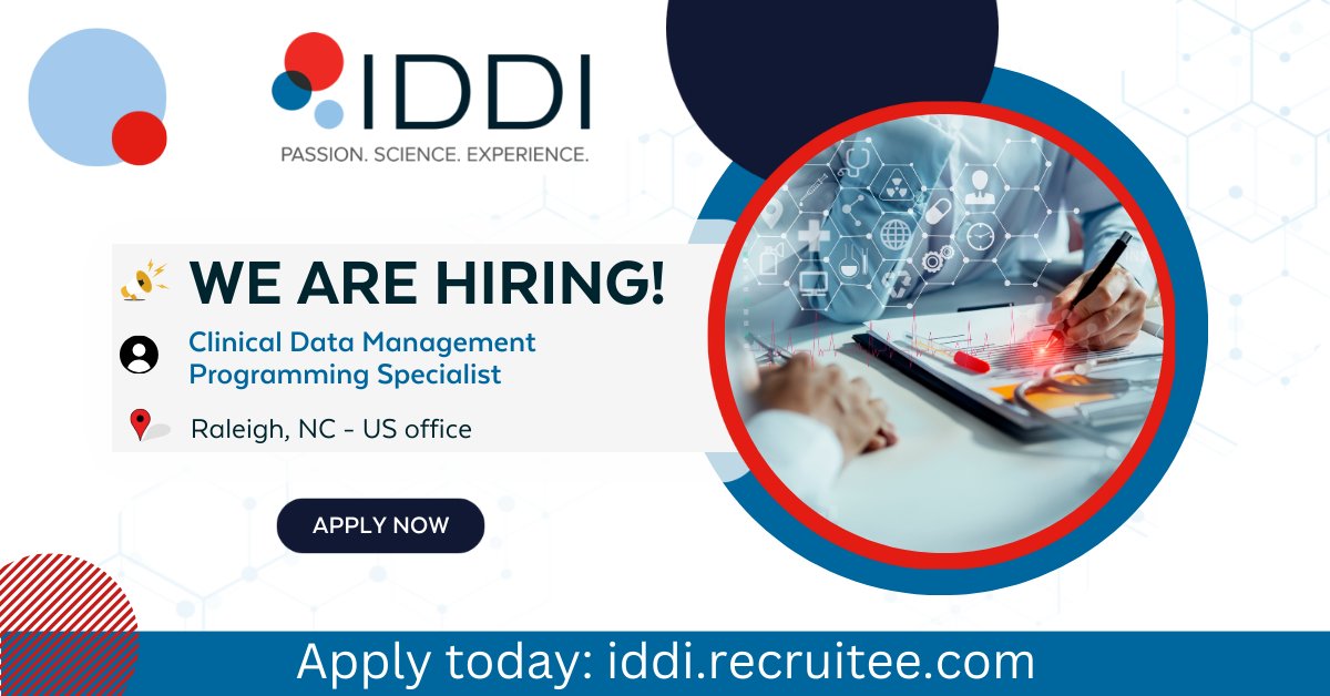 IDDI_Official's tweet image. #IDDI is hiring a Clinical Data Management Programming Specialist in Raleigh, NC! Apply now and be a part of our dynamic team shaping the future of clinical research. 👉 eu1.hubs.ly/H08R8Fb0

#SASprogrammer #clinicaldatamanagement #workatIDDI #raleighjobs #SDTM