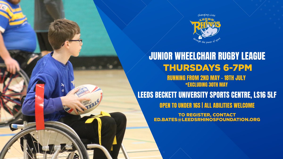 🚀 𝗣𝗹𝗮𝗰𝗲𝘀 𝗮𝗿𝗲 𝗳𝗶𝗹𝗹𝗶𝗻𝗴 𝘂𝗽! Have you booked your place on our upcoming Junior Wheelchair RL sessions?♿ Do not miss out on this opportunity🦏 📅Thursdays 📍@leedsbeckett Sports Centre ⏰6-7pm 👧👦Under 16s of all abilities ✉ ed.bates@leedsrhinosfoundation.org