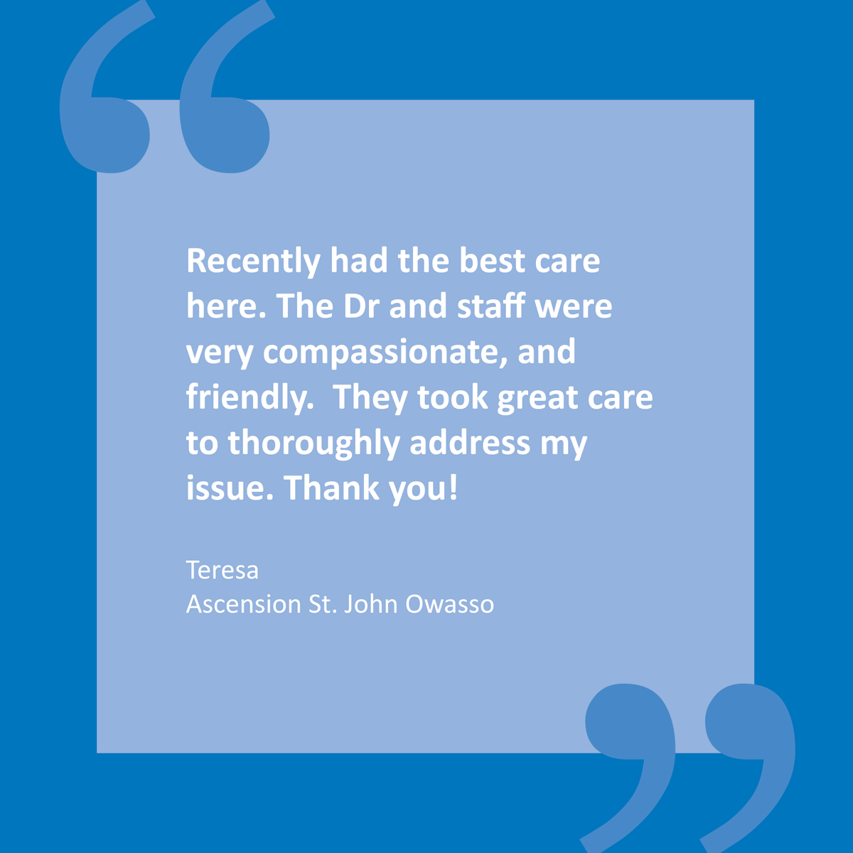 At least once a week we like to highlight our doctors, nurses, and associates using comments from the people they serve. Thank you for sharing your experience, Teresa! ascn.io/6010bIXEm #LeadingWithQuality