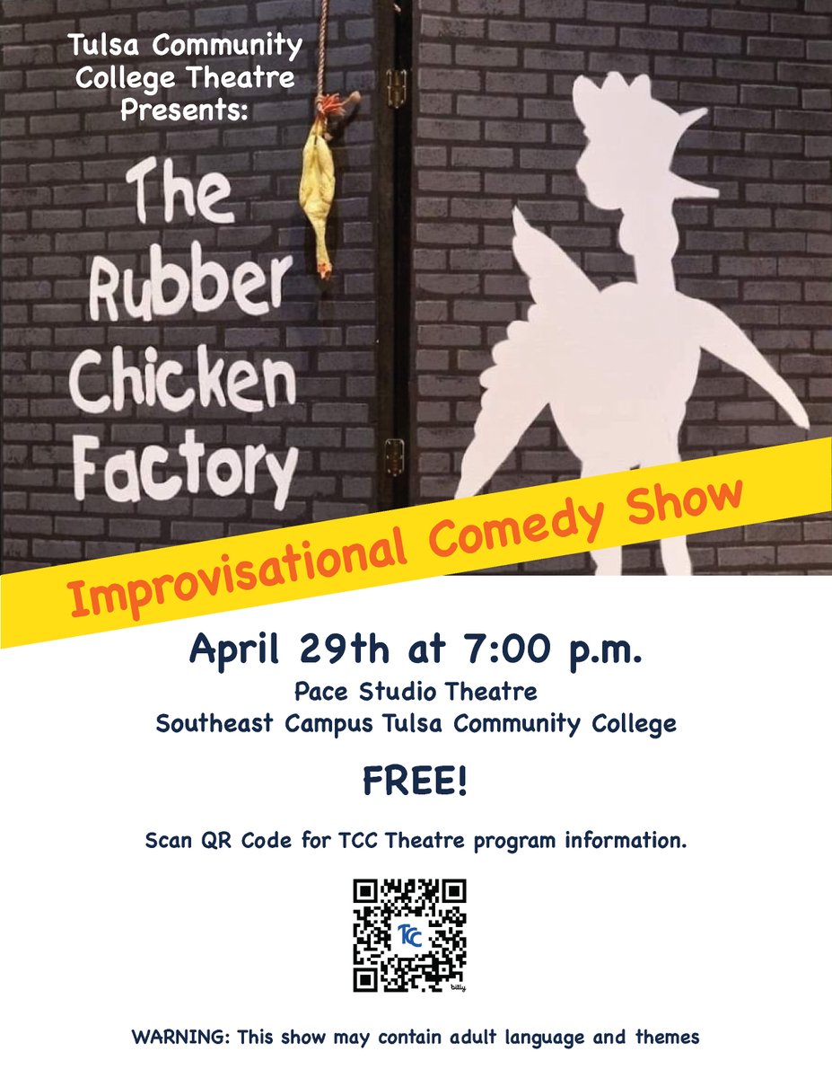 The Rubber Chicken Factory Improvisation Comedy Troupe is back! When: Monday, April 29 at 7 p.m. Where: Southeast Campus - PACE Studio Theatre Cost: Free! This will be a farewell show for sophomore Jillian Mohn and Jenna Soltis who are graduating. 🎓 🎉