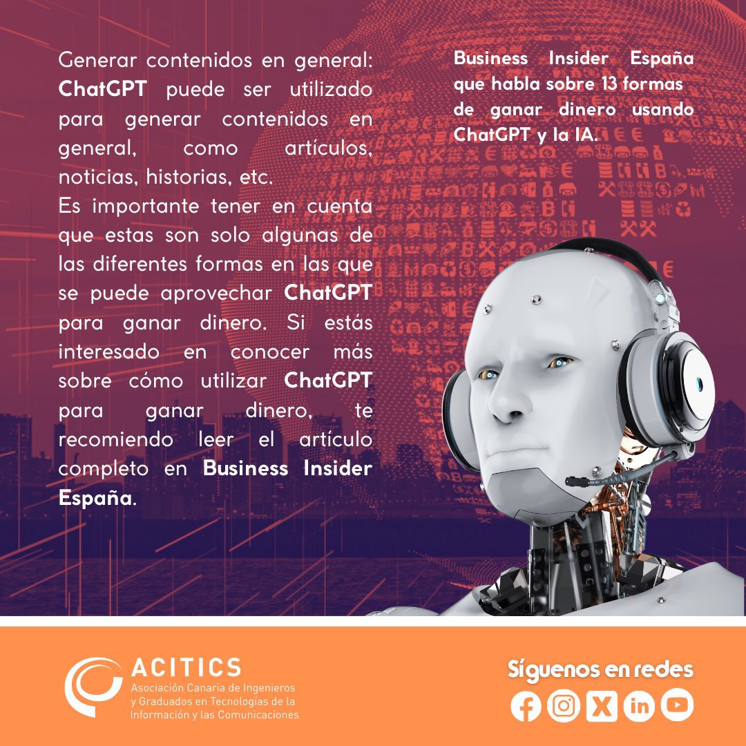 aciticstweet's tweet photo. #acitics Una aplicación que utiliza inteligencia artificial para ganar dinero. @BIEspana @ChatGPTapp , la lA de OpenAl, ha atraído la atención de muchas personas por su capacidad para generar resultados.
@coitt_aegitt
#telecoszone
@deteite @DET_EITE
#somostelecos https://t.co/8IN2bZWkTM