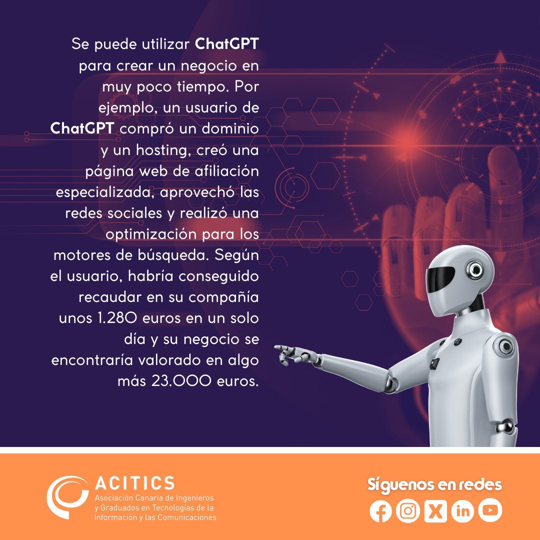aciticstweet's tweet photo. #acitics Una aplicación que utiliza inteligencia artificial para ganar dinero. @BIEspana @ChatGPTapp , la lA de OpenAl, ha atraído la atención de muchas personas por su capacidad para generar resultados.
@coitt_aegitt
#telecoszone
@deteite @DET_EITE
#somostelecos https://t.co/8IN2bZWkTM