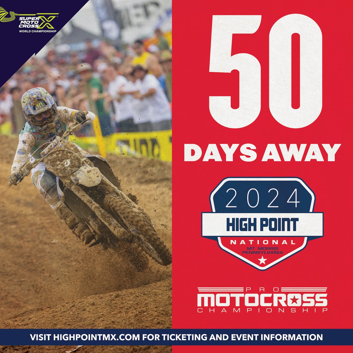 5️⃣0️⃣ DAYS until @ProMotocross comes to #HighPointMX. 

Visit the link below for ticketing and event information 🏁 @supermotocross #SMX #ProMotocross #HighPointMX 

bit.ly/4aPAK7U