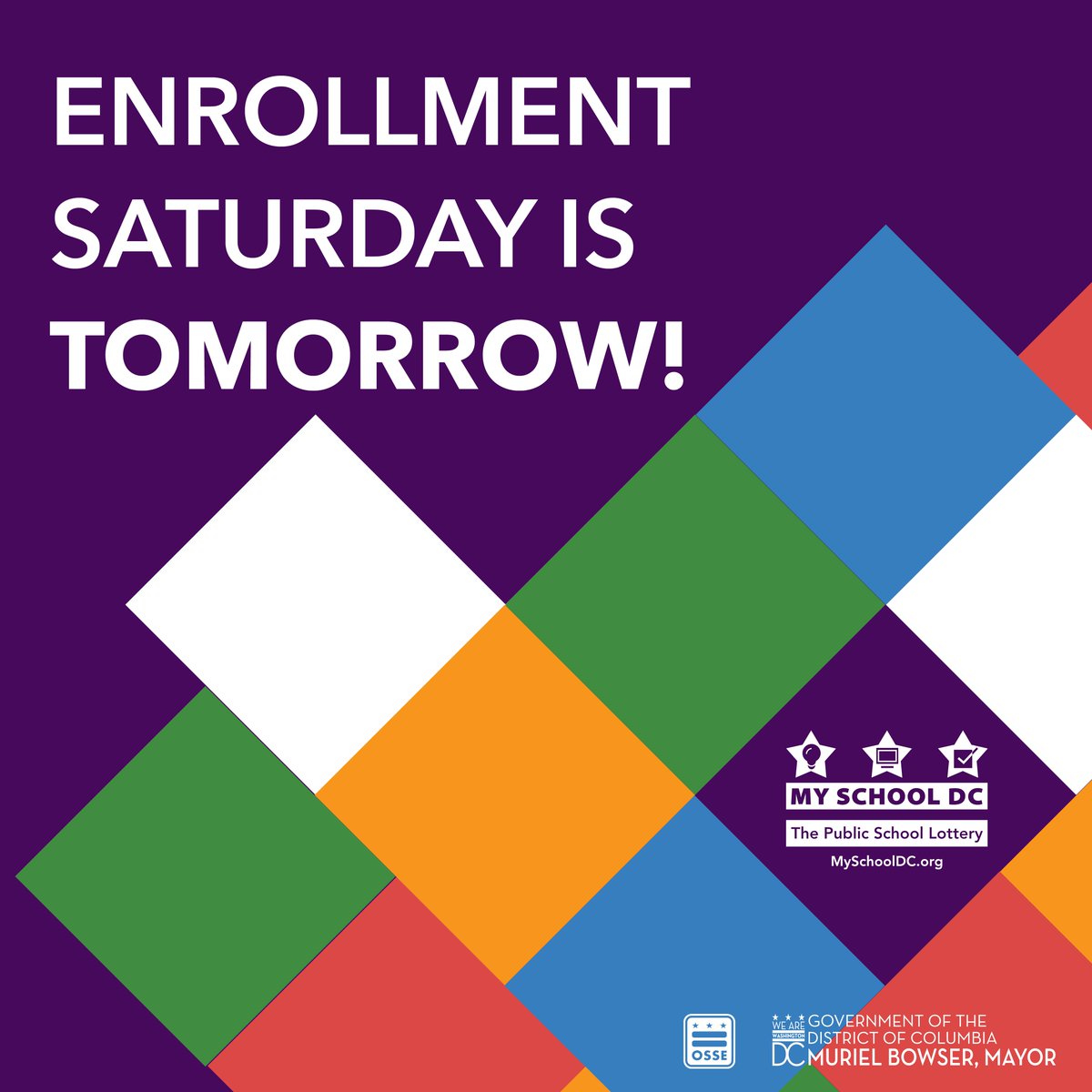 Enrollment Saturday is tomorrow! On April 27, you can enroll or re-enroll your student in person at their school. Remember, Monday, May 1, is the enrollment deadline for students matched in the lottery.