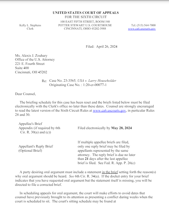 Another continuance. No DOJ response to Larry Householder's appeal until May 28.