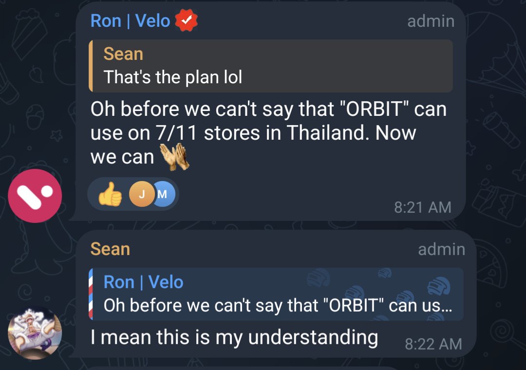 This a bullish ama with Velo lab's BDM in their TG, here's my recap - - Binance listing very soon - 7/11 stores in Thailand will be integrating Orbit, they couldn't disclose that before but now they can. - Orbit pretty much commercially ready but it won't be today it seems. -
