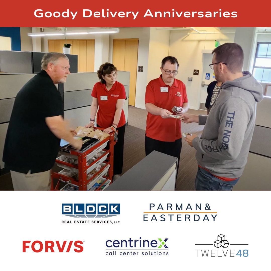 Join us in celebrating some amazing @HCFGoodyDelivery anniversaries this month! 👏 Cheers to our partnership success! 
Forvis (2 yrs)
12 48 Holding (1 yr)
Centrix (6 yrs)
Parman Easterday (8 yrs)
BRR Architects (6 yrs)
Block LLC (1 yr)
#AnniversaryCelebration #PartnershipsMatter