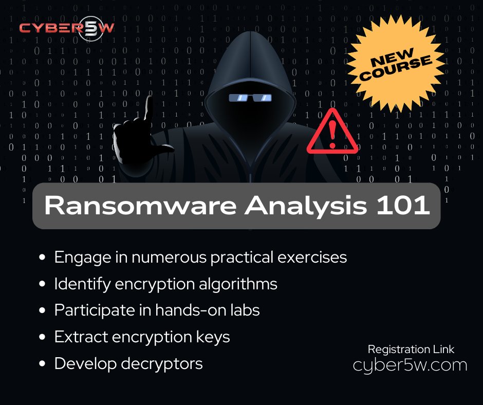 ICYMI-Exciting News! @Cyber5W Ransomware 101 course is LIVE! Don't miss out - enroll now: ow.ly/EgFA50R5V47 Plus, here's an exclusive offer just for you: Get a 50% discount on this course ONLY! Simply use code 'ransom50off' at checkout. Hurry, offer ends April 30th! #DFIR