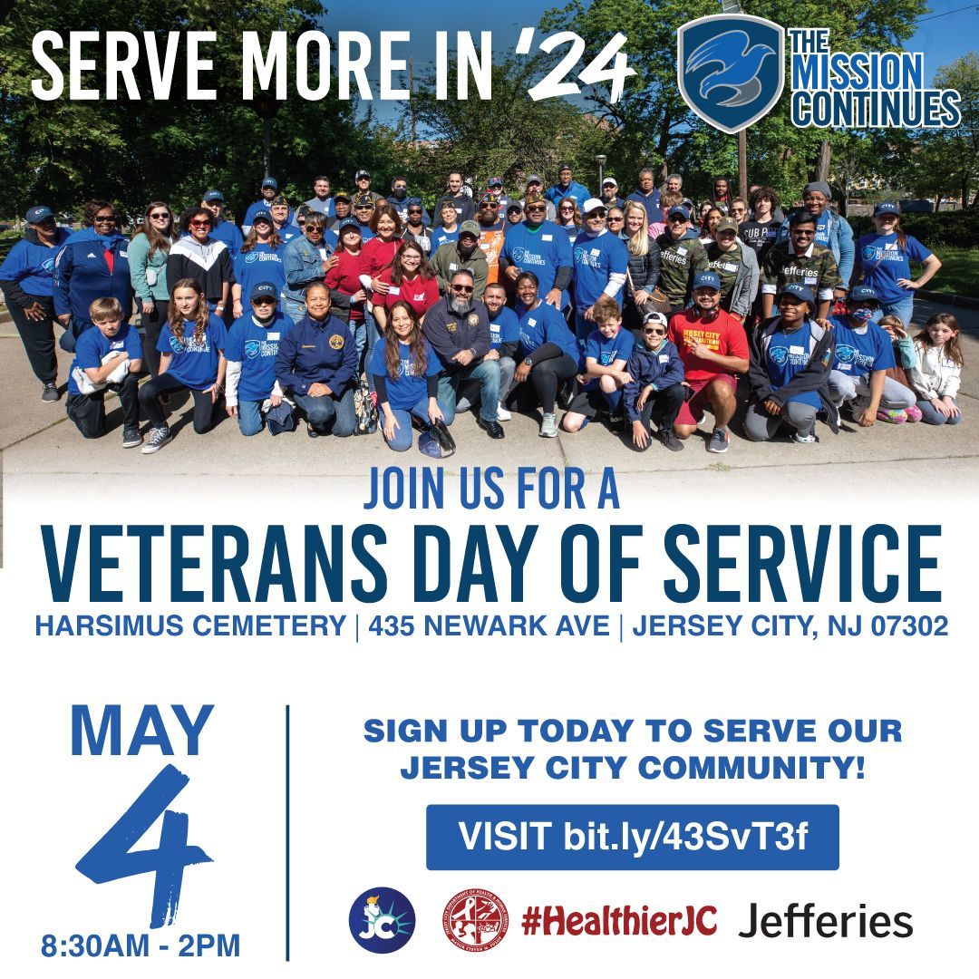 Jersey City Veterans Day of Service takes place May 4th, make sure to sign up to help serve the community!

Register: bit.ly/43SvT3f 

#JerseyCity #HealthierJC