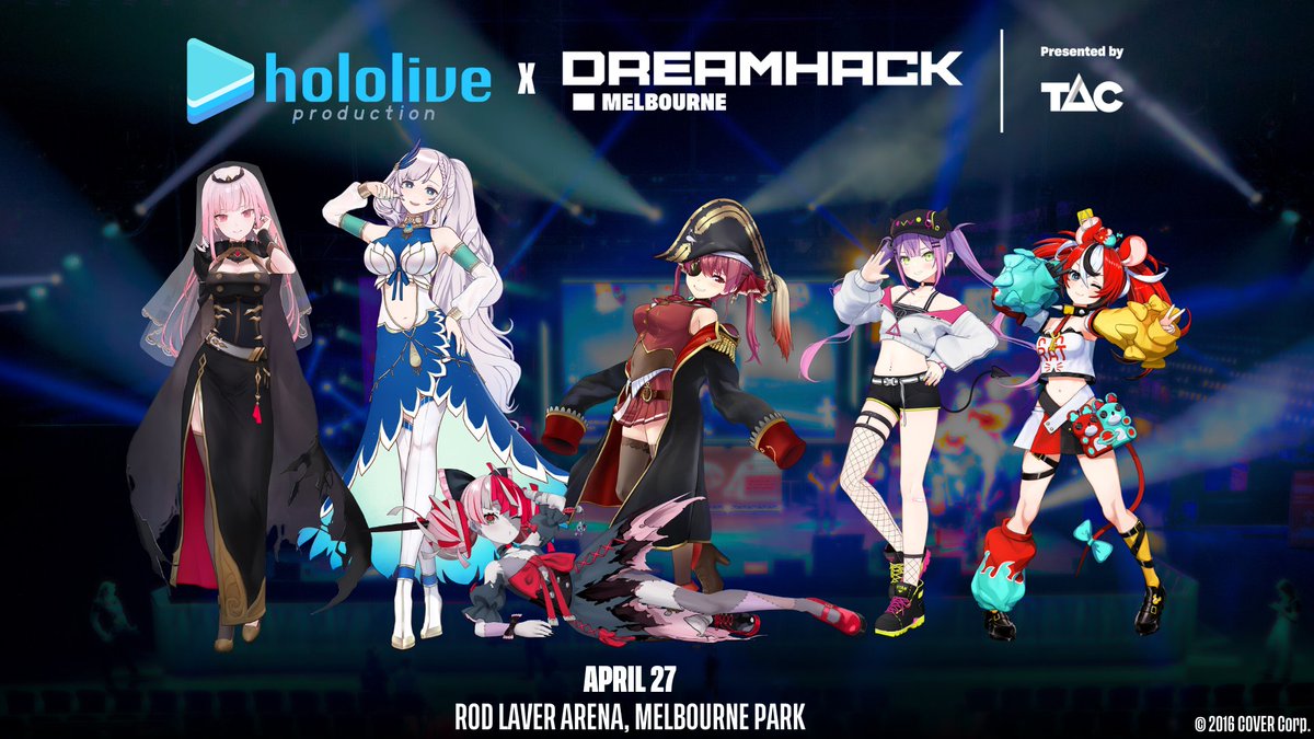 🏴‍☠️👾🧟‍♀️ hololive production x @DreamHackAU  Melbourne 2024: Down Under🦚💀🎲

With 🏴‍☠️@houshoumarine, 👾@tokoyamitowa,  🧟‍♀️@kureijiollie, 🦚@pavoliareine, 💀@moricalliope, and 🎲@hakosbaelz! 

Free sneak peek of the concert on YouTube✨
Saturday, April 27th from 7 PM AEST / 6 PM JST…