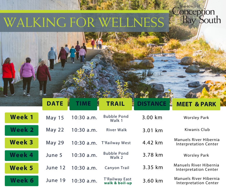 Walking for Wellness Program🌳 Every Wednesday at 10:30 am, we're hitting the trails (weather permitting) for a stroll through CBS. It's the perfect way to stay active and discover the beauty of our community. For questions, please call Recreation at 709-834-6500 ext. 601