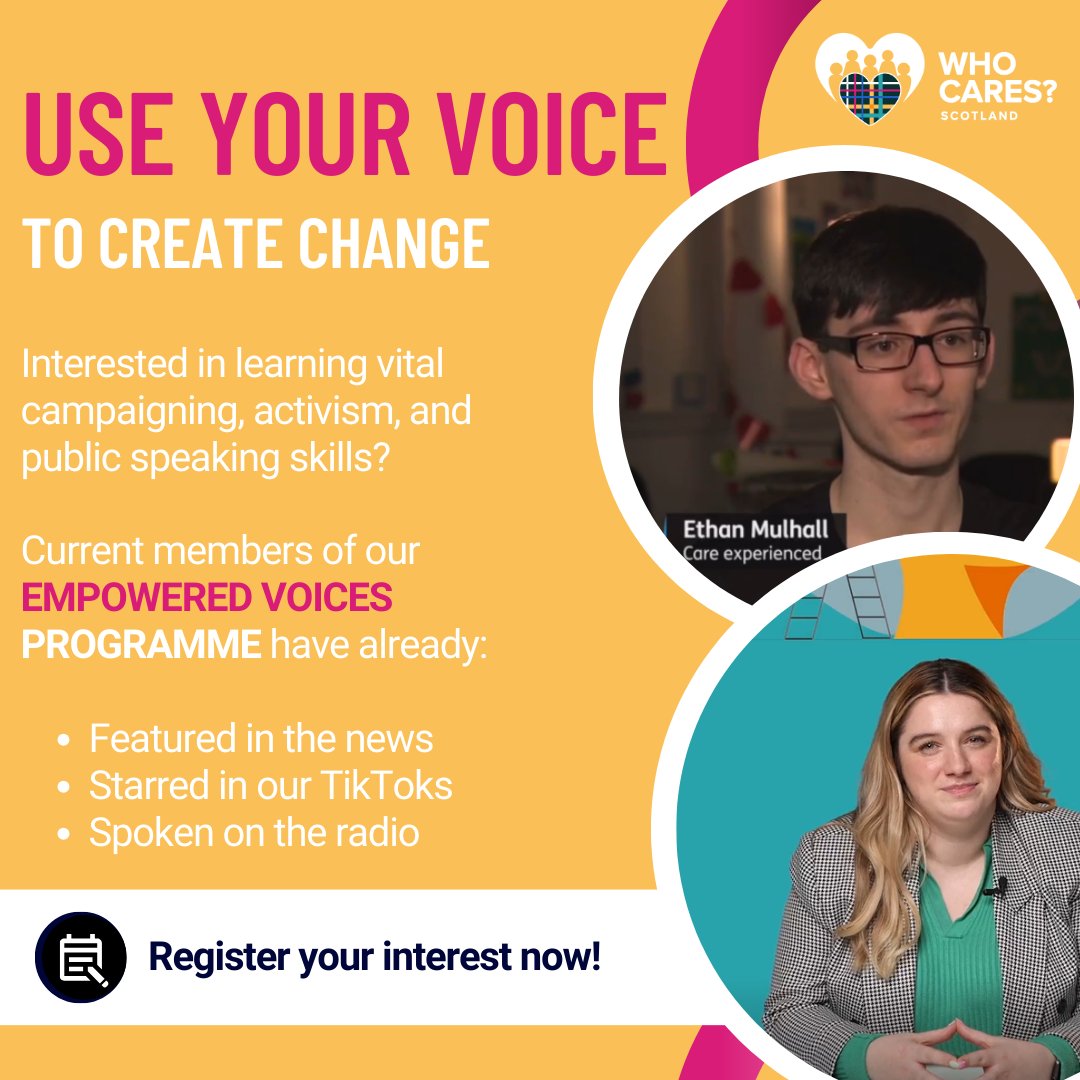 Members of our Empowered Voices Programme have put their new skills to use by speaking to media, attending a committee session at Scottish Parliament and featuring in our TikToks. Sound like something you'd like to do? Find out more at ow.ly/12Lo50Rn6Wx #WhoCaresScotland