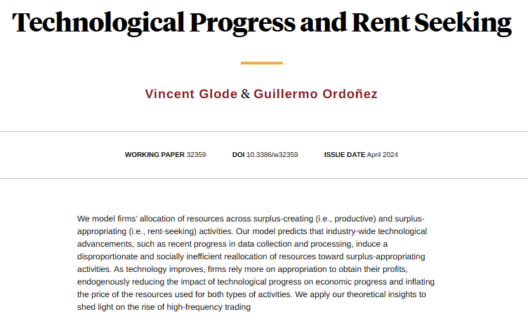 Technological progress induces a disproportionate and inefficient allocation of resources towards rent-seeking activities, reducing its impact on economic progress, from Vincent Glode and Guillermo Ordoñez nber.org/papers/w32359