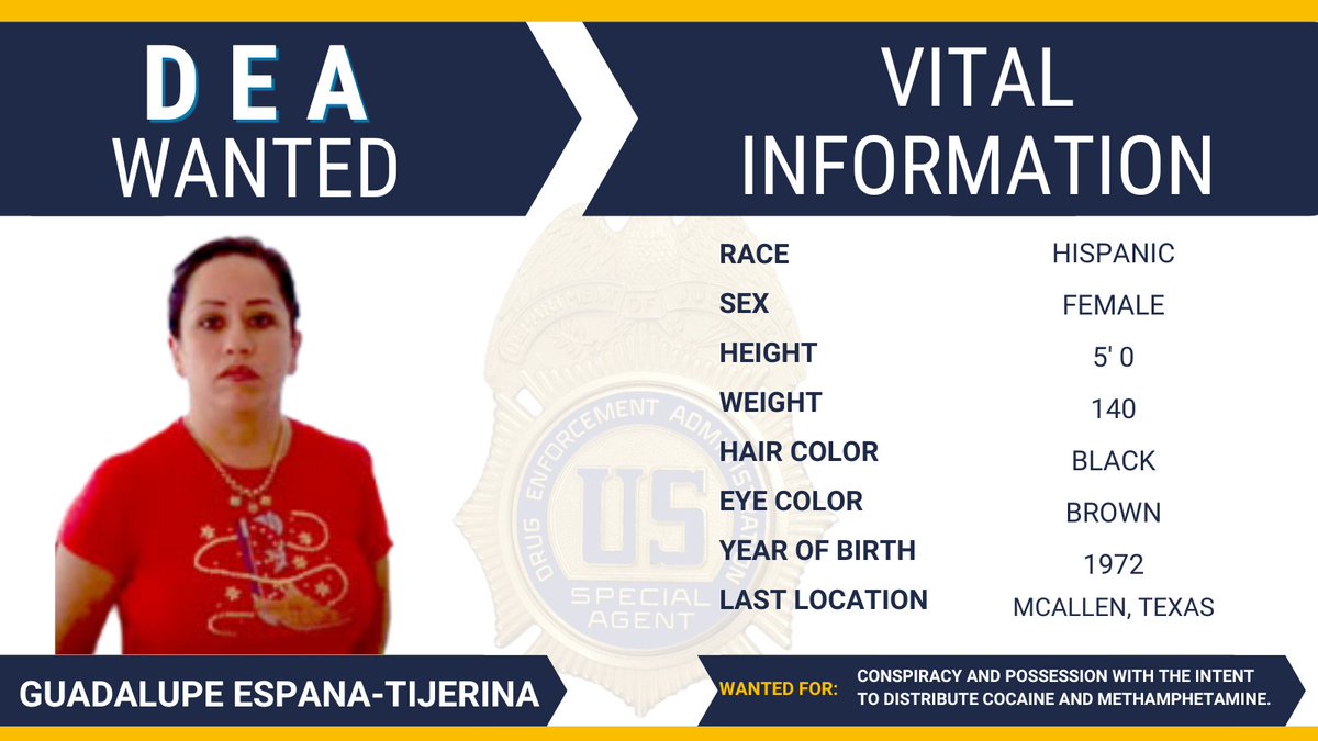 #FugitiveFriday: @DEADallas is looking for Guadalupe Espana-Tijerina, Conspiracy & Possession with the intent to distribute cocaine and methamphetamine. Learn more about this fugitive and find out about submitting a tip to the @USMarshalsHQ at dea.gov/fugitives/guad…