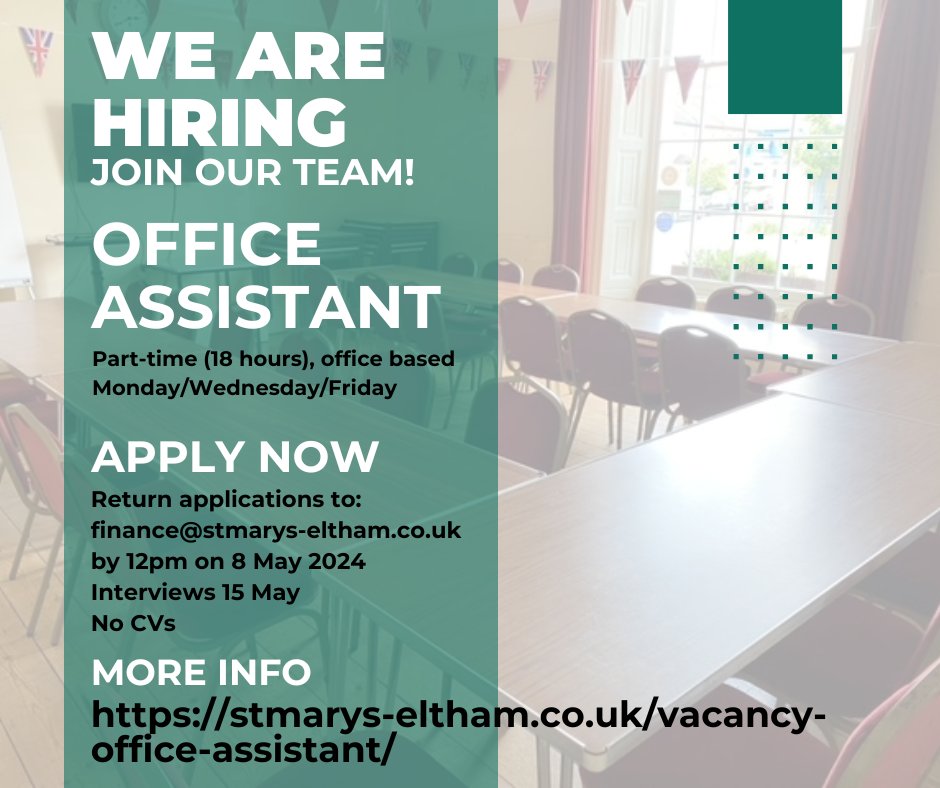 ❗️Job opportunity - please share ❗️

stmarys-eltham.co.uk/vacancy-office…

#eltham #SE9 #seninemagazine #hiringnow #greenwichlondon #workinthecommunity
#localjobs #JobSearch #officeadmin #officeassistant