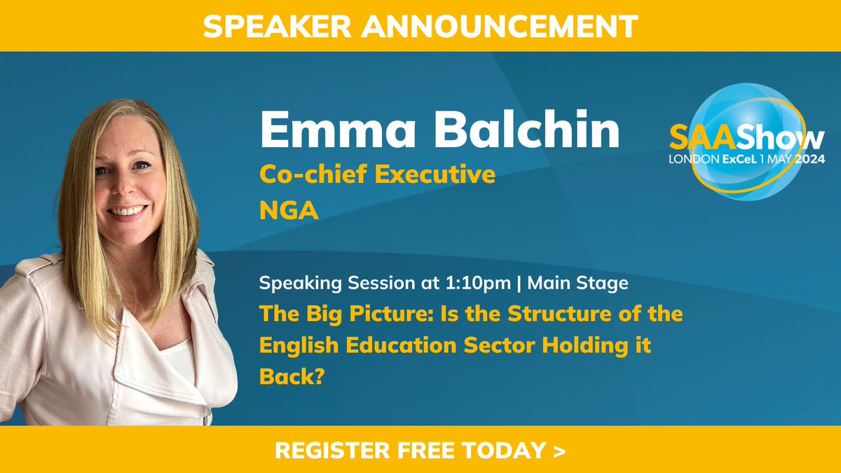 🗣️ We're delighted to announce that Emma Balchin @NGAEmmaB, Co-chief Executive at @NGAMedia will be speaking at the #SAASHOW next week, Emma will be joining a discussion on the Main Stage, on the structure of English education. Sign up here: hubs.la/Q02tVc_m0