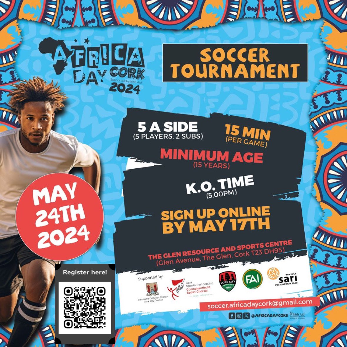 🌍 Calling all soccer fans! Mark your calendars for the first Africa Day Football Tournament Friday May 24th at the Glen Resources &amp; Sports Center, kicking off at 5 PM! 🏆 Spots limited! Registration deadline May 17th.
link in our bio to register! #Africadaycork2024 #Soccer #Cork