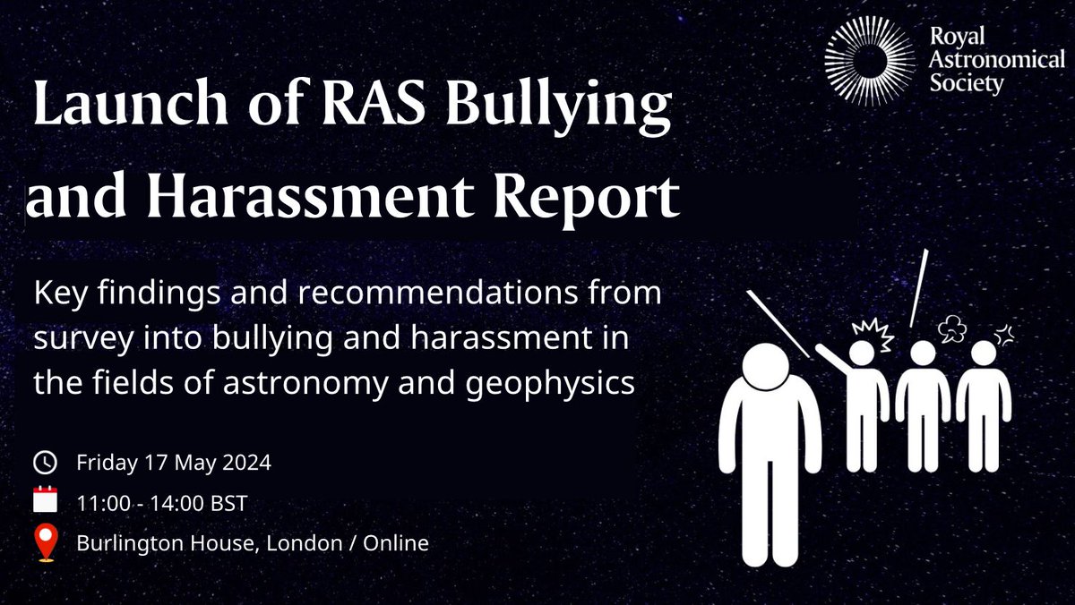 Reminder that our report into bullying and harassment in astronomy and geophysics will be published next month. A live-streamed launch of the survey - which revealed a systemic bullying problem in the two sciences - will present its findings and recommendations on 17 May ⬇️