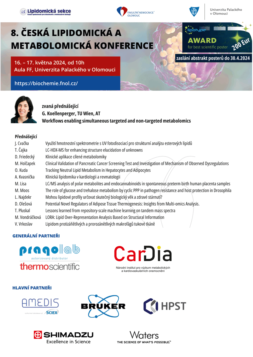 Blíží se 8. Lipidomická a a metabolomická konference (bit.ly/3wgWgTS) v Olomouci!

Naše pozvání na plenární přednášku přijala Prof. Dr. Gunda Köllensperger a vy stále můžete poslat abstrakt plakátu do 30.4. a možnost získat cenu za nejlepší poster od <a href="/Lipotype_Global/">Lipotype</a>