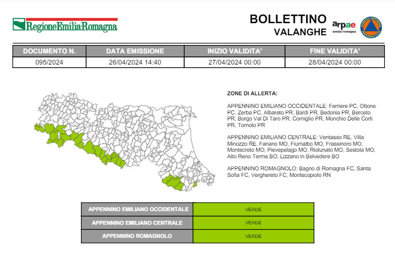 ⛰️#BollettinoValangheER VERDE nessuna allerta dalle 00:00 del 27/04/2024 alle 00:00 del 28/04/2024 ➡️bit.ly/3JBwmxb