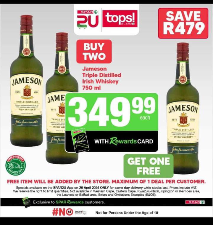 This @TOPSatSPAR special just made sense. I’m not even a fan of Jameson but I mean 3 bottles for R700