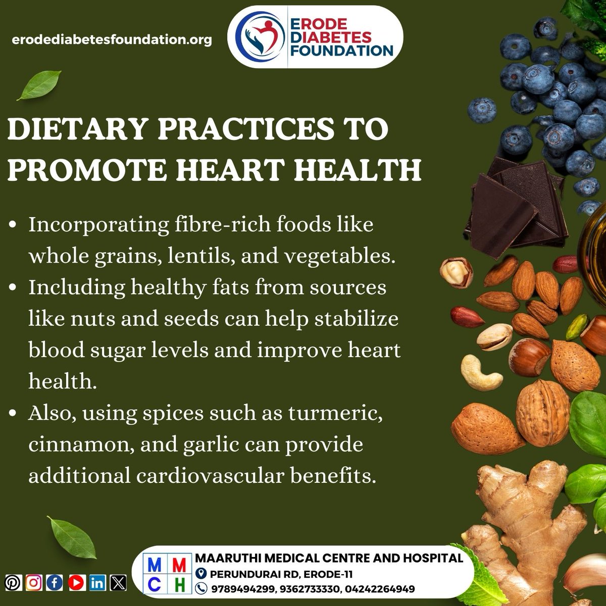 Here are some dietary practices to be adapted to promote heart health in individuals with diabetes.

#erodediabetesfoundation #EDF #diabeteslife #diabetesawareness #diabetes #diabetescare #diabetestips #bloodsugardiet #DiabetesNutrition #DiabetesDiet #DiabetesFriendlyRecipes