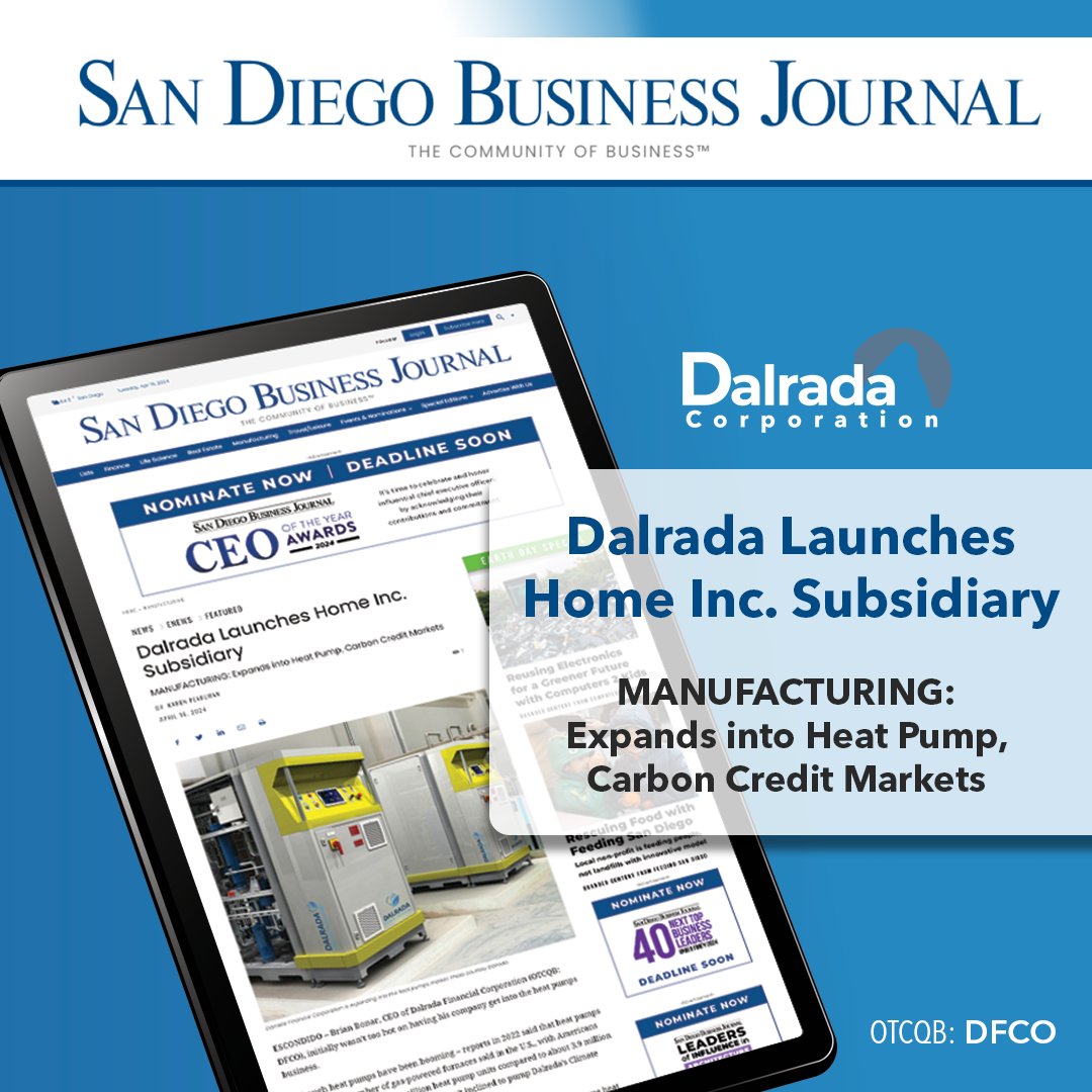 #ICYMI: We were featured in the San Diego Business Journal! The article highlights our efforts in shaping a more sustainable future including our latest in residential #heatpumps and the carbon credit market. #DFCO #OTCQB loom.ly/7hIpvqY