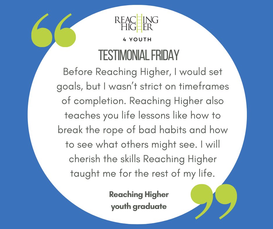 It's another Testimonial Friday! This #reachinghigher graduate says the program helped them discover life skills like goal-setting, breaking bad habits and finding empathy. To bring #reachinghigher to your school, email steve@reachinghigherinc.com #reachinghigher #rh4youth