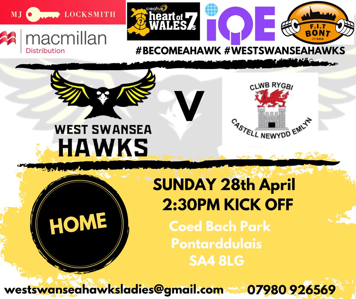 🦅This weekend the Hawks will be welcoming Newcastle Emlyn RFC to Coed Bach Park for the last game of the Season!🦅 💛 We would love to see you all to support our girls!🖤 🏉 Sunday 2:30pm KO 🏉 #westswanseahawks #becomeahawk #womensrugbyunion #rugbysundays