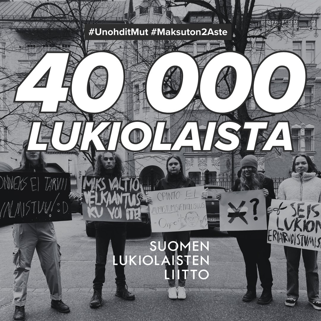 💥 KIITOS! 💥

Me haluttiin saada lukiolaisten ääni kuuluviin, ja siinä me onnistuttiin – meidän arvion mukaan yli 40 000 lukiolaista 235 eri lukiosta osallistui valtakunnalliseen ulosmarssiin eilen 25.4. 🤩

#Maksuton2Aste #UnohditMut

Lue tiedotteemme:
lukio.fi/ulosmarssi-400…