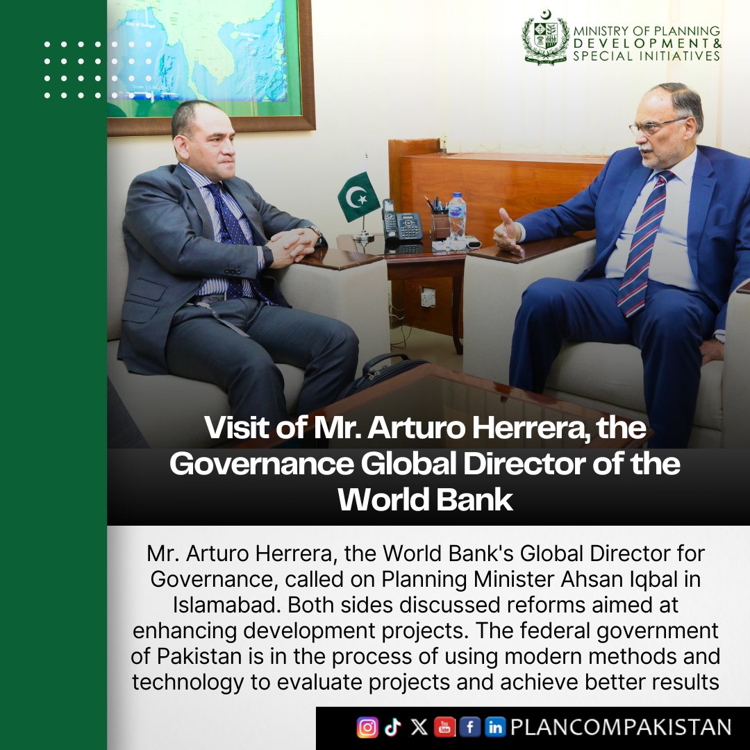 Mr. Arturo Herrera, the World Bank's Global Director for Governance, called on Planning Minister Ahsan Iqbal in Islamabad. Both sides discussed cutting-edge strategies aimed at enhancing development projects. The Planning Minister shared various initiatives to better evaluate…