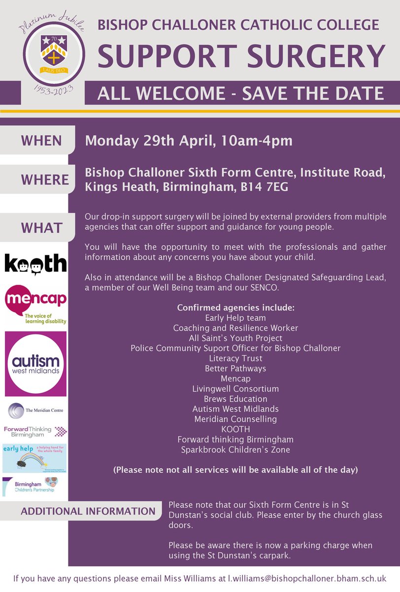 Bishop Challoner are holding a support surgery on Monday 29th April. There will be a chance to chat informally to a wide range of agencies and external providers. For further details see: bishopchalloner.org.uk/news/2024-04-1…