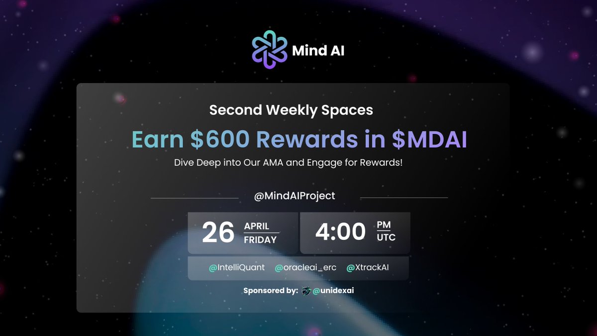 Reminder of our weekly spaces today where we welcome @IntelliQuant, @oracleai_erc and @XtrackAI to present to our community🎙️ Time: 4pm UTC Where: x.com/i/spaces/1BdGY… Looking forward to hearing about these projects and seeing our community there 📷🫶 Sponsored by:…