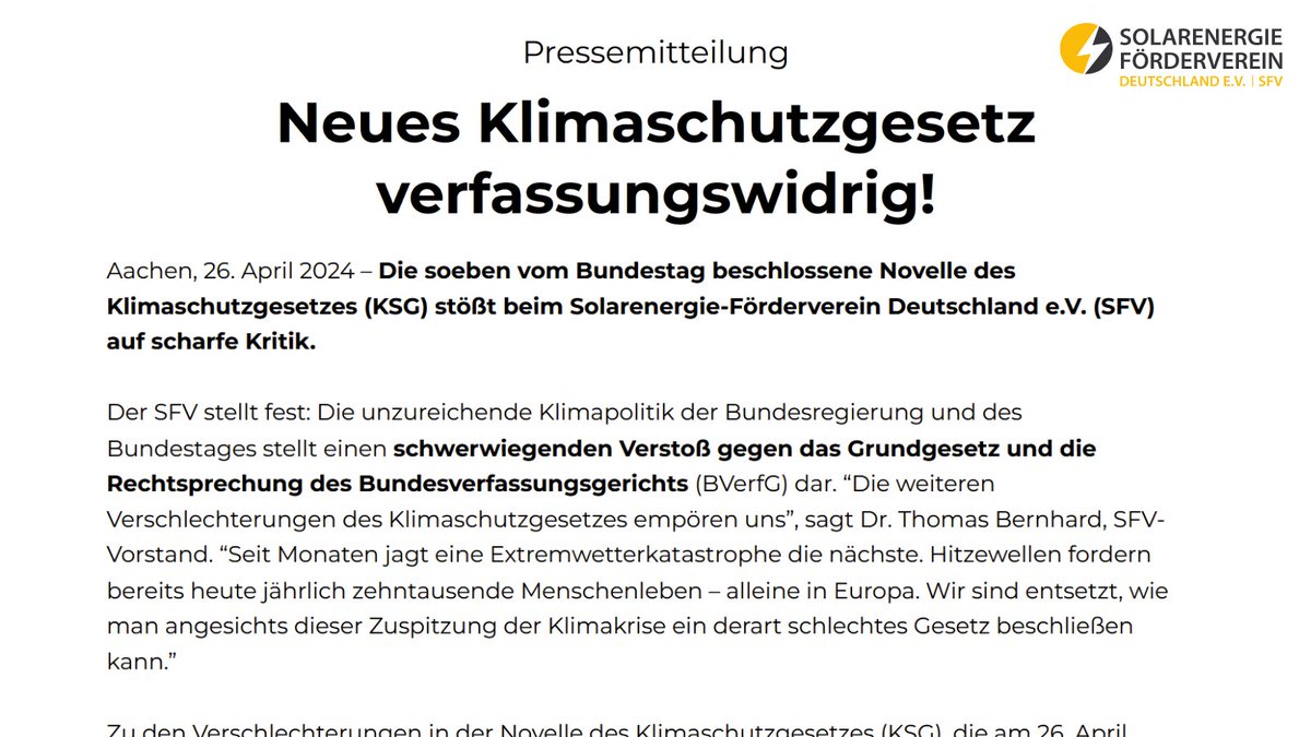 ❌Das neue #Klimaschutzgesetz verstößt nicht nur gegen das Klimaurteil 2021, sondern ist zudem eindeutig VERFASSUNGSWIDRIG!❌ Gemeinsam mit dem @bund_net prüfen wir rechtliche Schritte, denn mit #Klimaschutz hat dieses Gesetz nichts mehr zu tun! ⚖ PM: sfv.de/neues-klimasch…